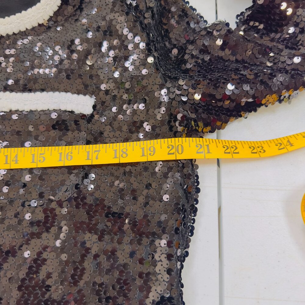 NWT Iman Black Sequin Jacket w White Trim Size L 4 Pockets - Picture 15 of 16